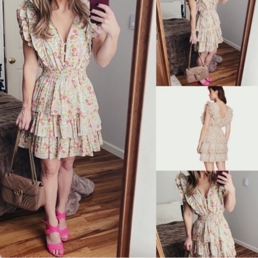 ✅ Anthropologie Love the Label Dress Ines Tiered Ruffle Mini Ivory Pink Floral - Picture 3 of 9